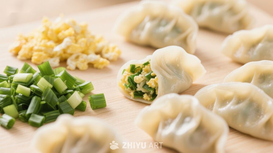 新鲜饺子与配料的美食展示