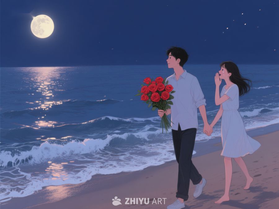 月下海滩漫步，手捧玫瑰的情侣 1123