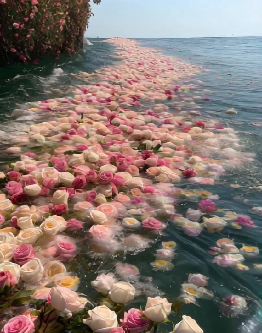 水面漂浮玫瑰，粉白花瓣延伸至远方。