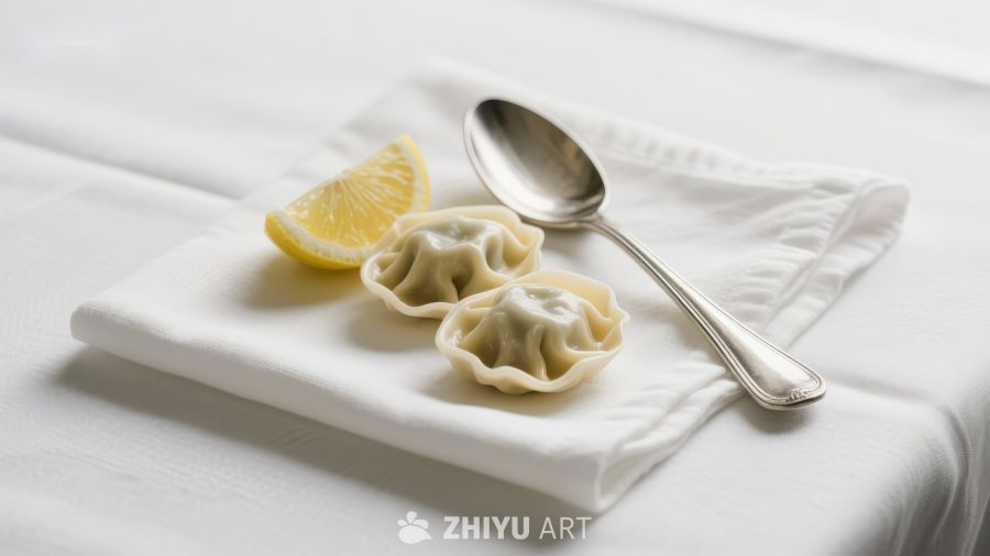 精致馄饨配柠檬与银勺