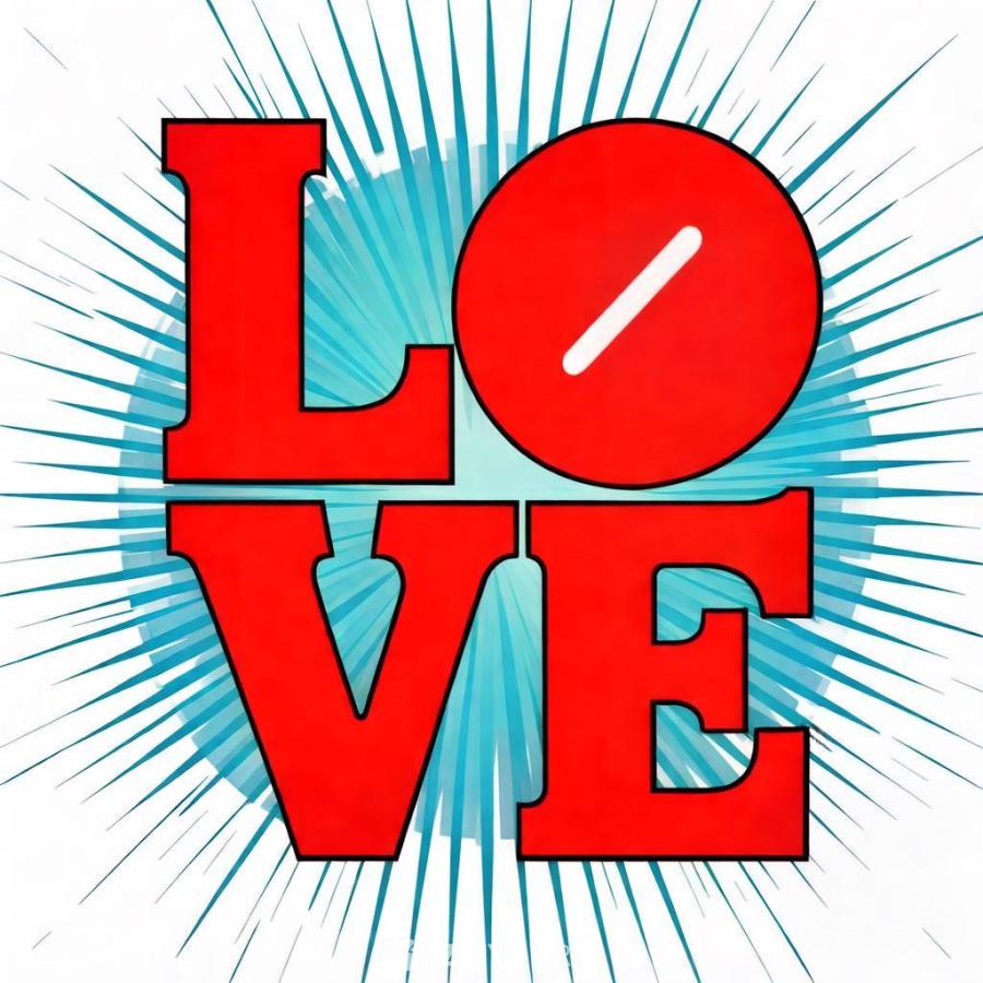 白色背景上，红色的卡通字体“LOVE”以剪影矢量风