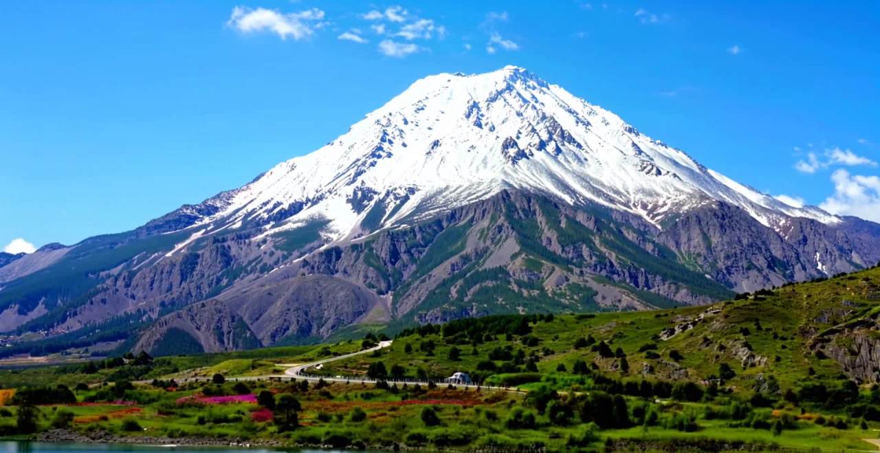 高耸入云的山峰覆盖着积雪，山脚下是绿色的山坡，上面