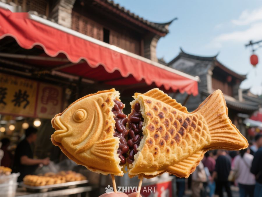 街头美食：鱼形红豆饼