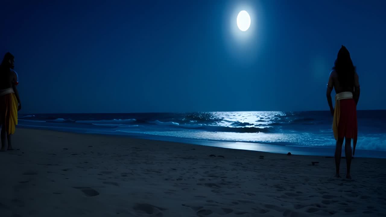 夜晚的海滩上，月光照亮了海浪拍打沙滩的场景。一个身