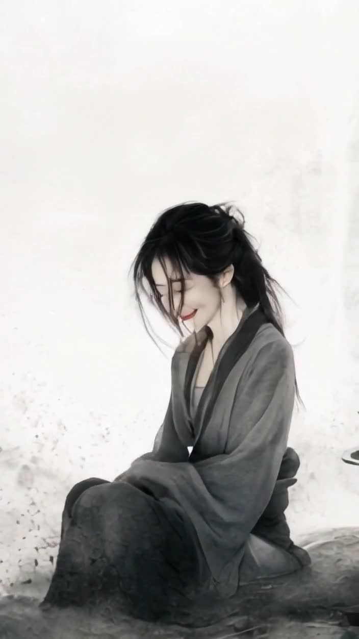 水墨风女子侧坐低头沉思，素雅静谧画面。