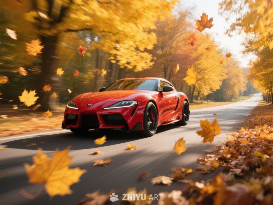 红色跑车行驶在秋叶飘落的林间小道 129