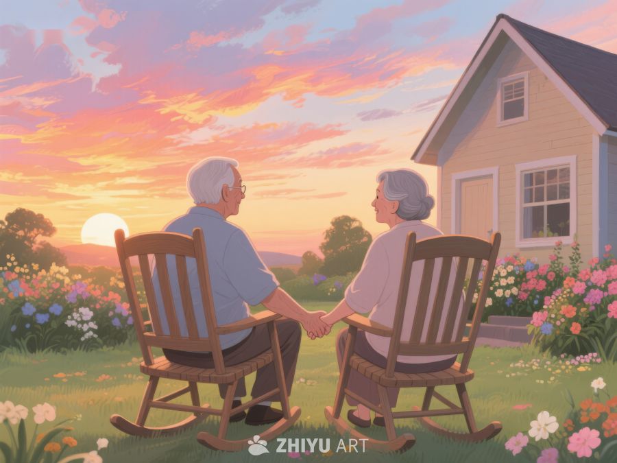 夕阳下，老夫妇在花园中摇椅交谈 934