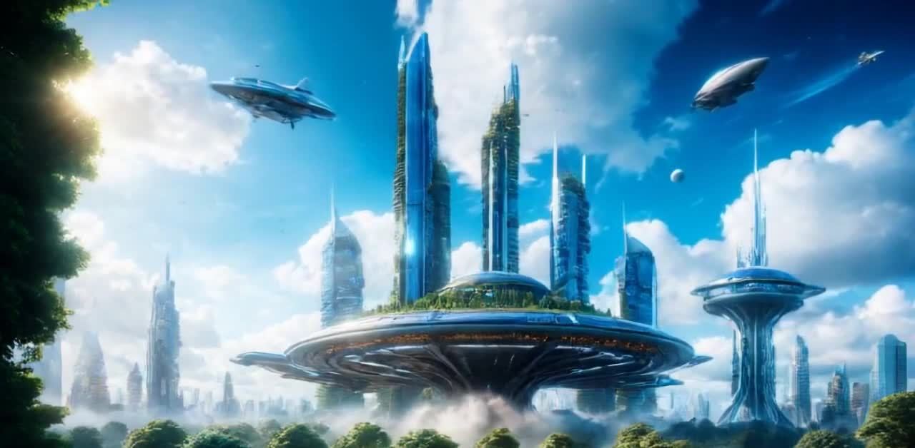 飞船在空中飞行，远处的云朵在飘动。镜头中出现一个未