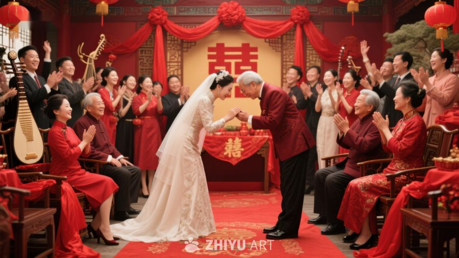 传统婚礼现场，新人行礼众人祝福 44