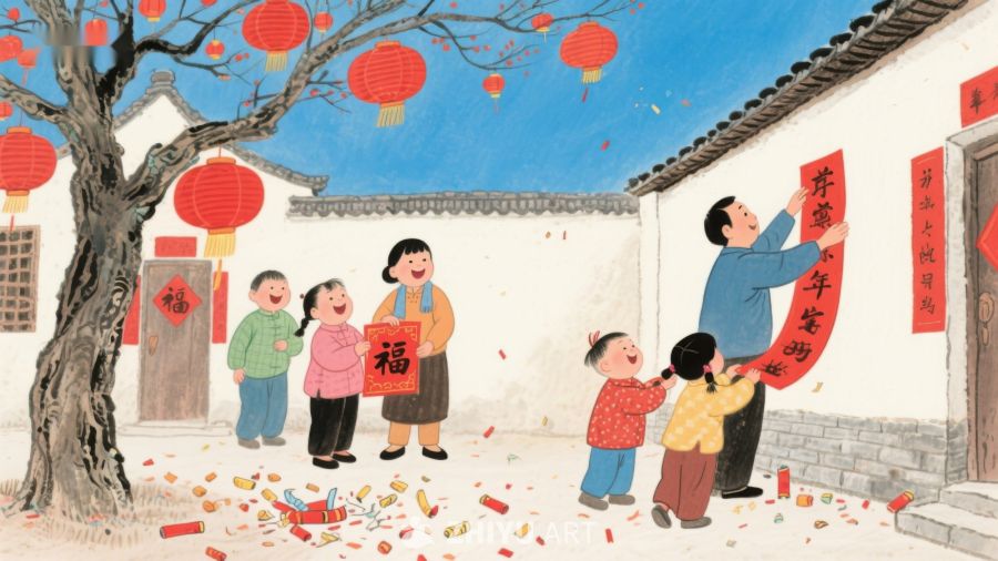 春节家庭欢聚，贴福字放鞭炮 101