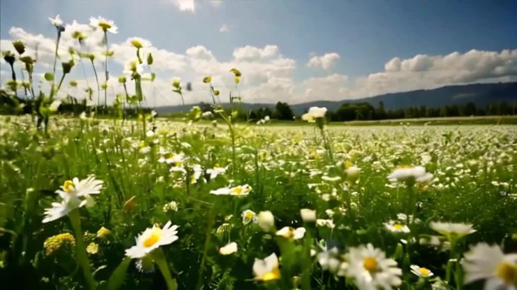 一片开满白色花朵的田野，背景是蓝天和白云。田野远处