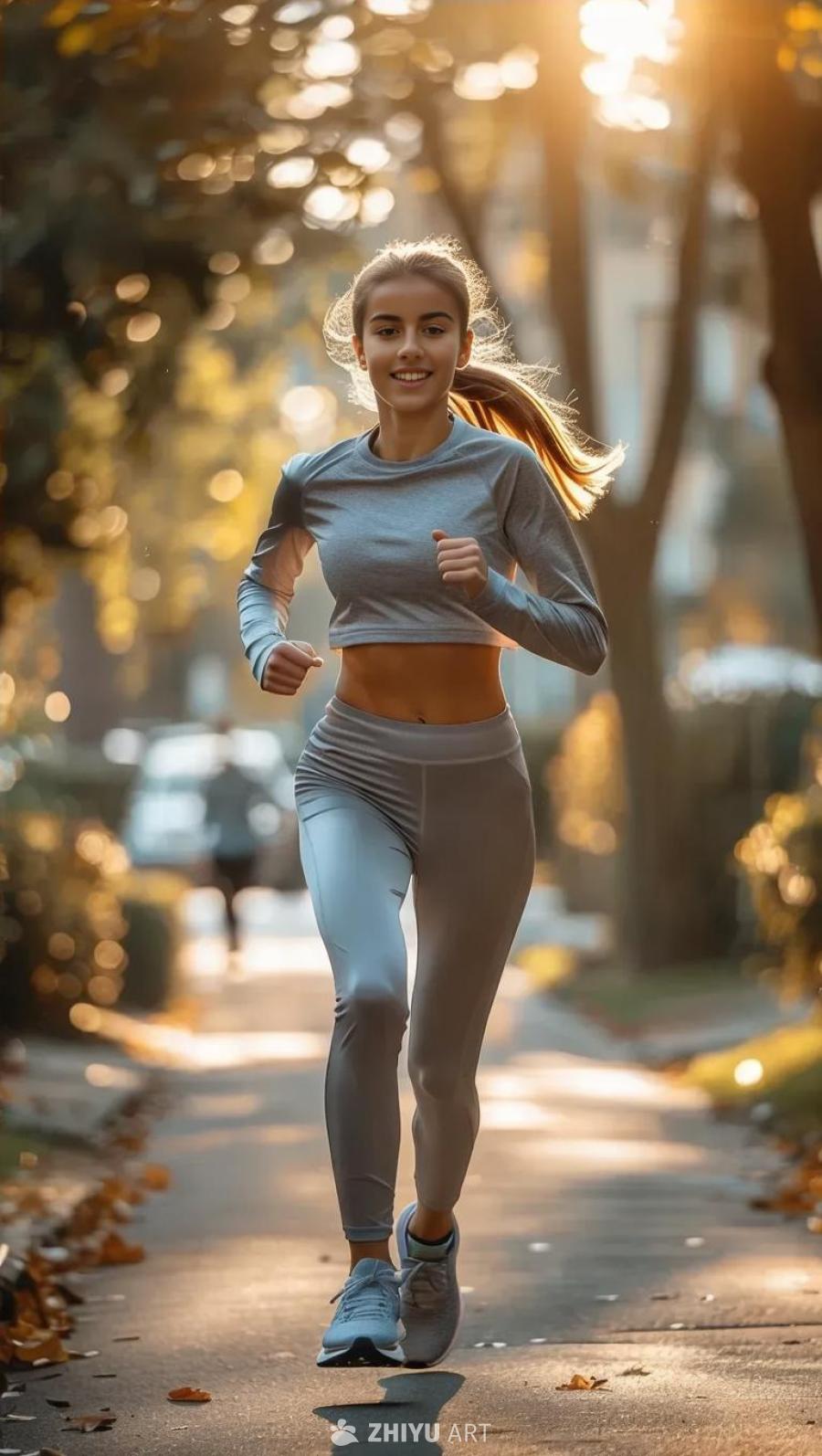 一名女子穿着运动服和运动鞋在人行道上跑步。她的头发