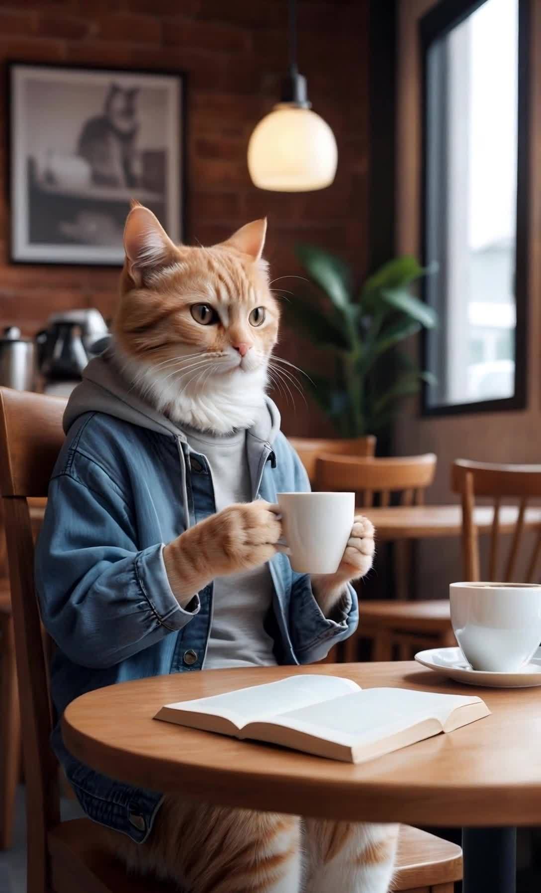 一只猫咪坐在咖啡馆的桌子旁，穿着牛仔夹克和灰色连帽