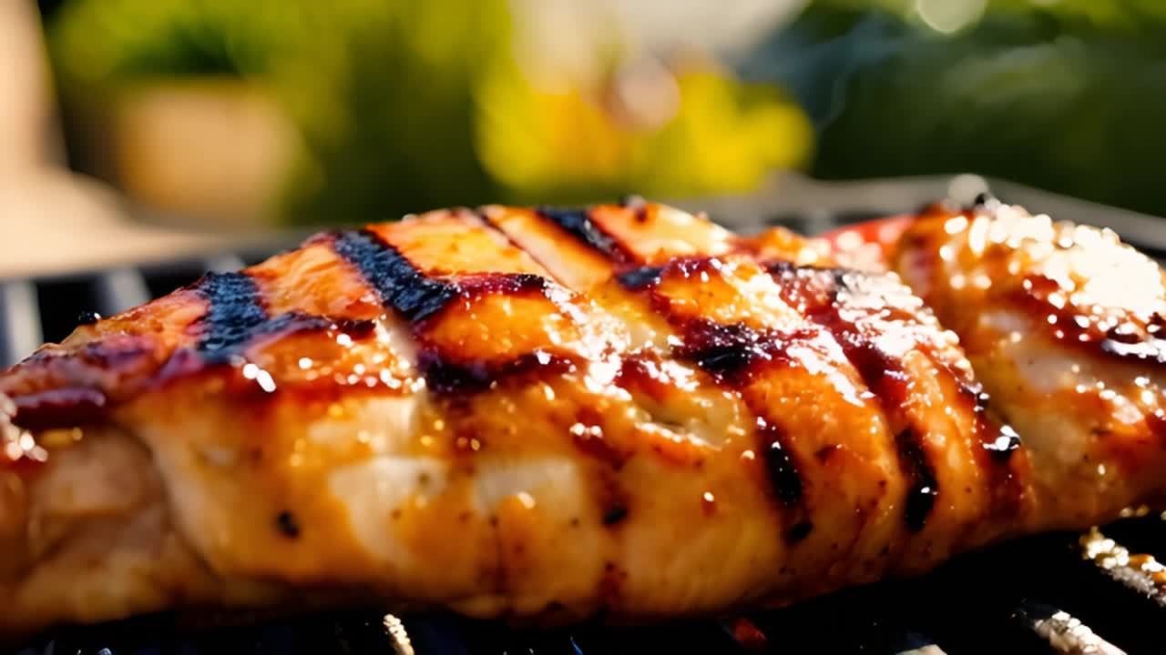一块烤鸡胸肉在烤架上滋滋作响，表面有烤焦的痕迹。鸡