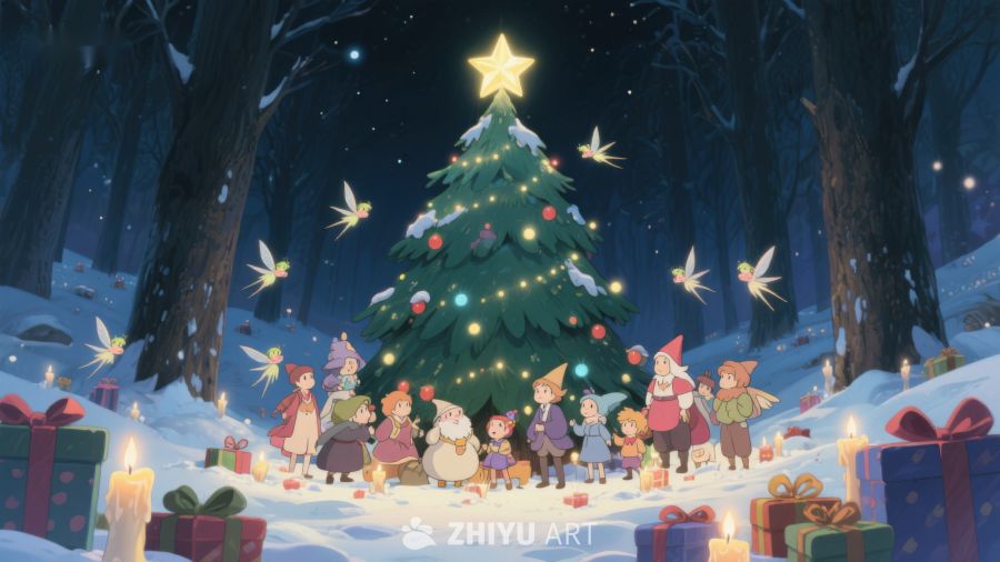 冬夜森林中的圣诞树与欢乐人群 60