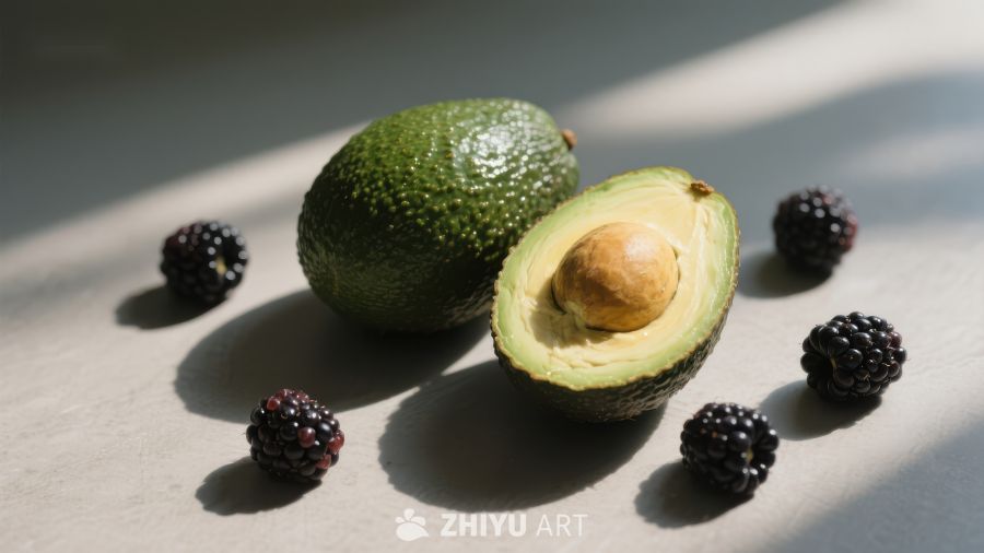 新鲜牛油果与黑莓的静物组合