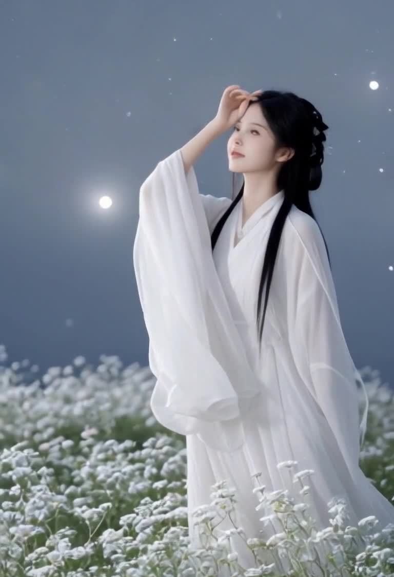 花海月夜：白衣女子仰望星空，唯美梦幻