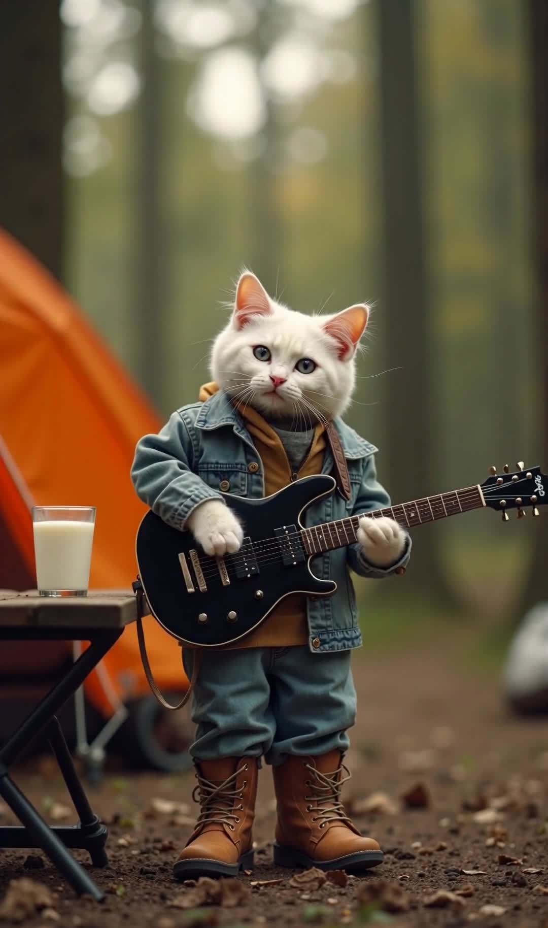 猫牛仔吉他手野营牛奶