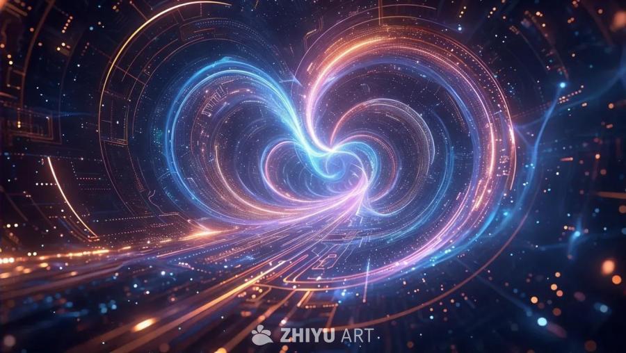 一个迷人的量子景观，充满了复杂的电路和脉动的能量。