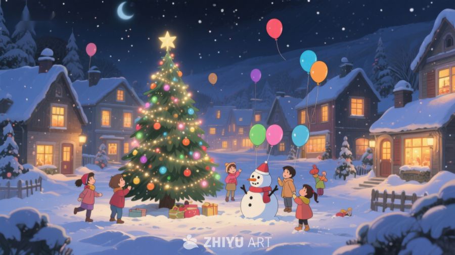 冬夜雪景中的圣诞树与欢庆儿童 115