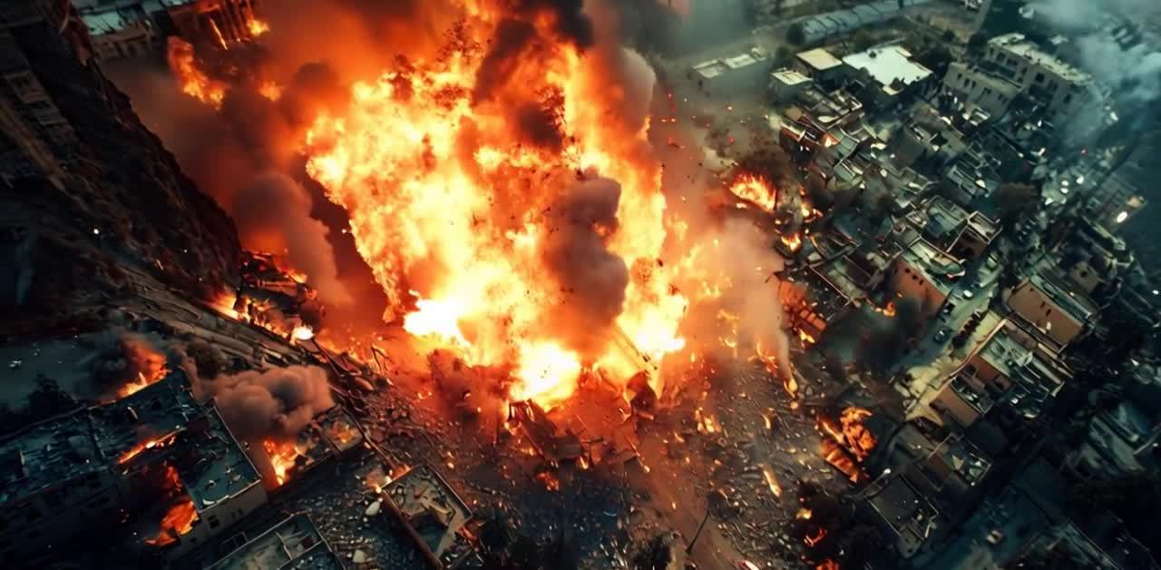 一场大规模的爆炸，火光冲天。爆炸中心摧毁了大量的建