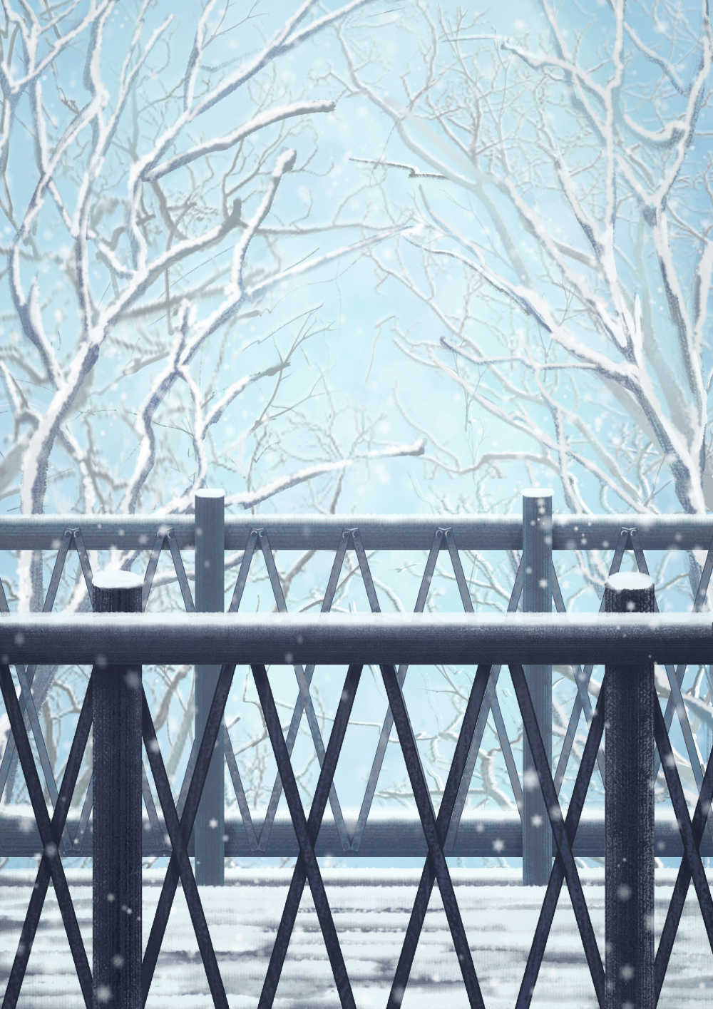 木桥下雪落雪积雪树枝树木唯美插画