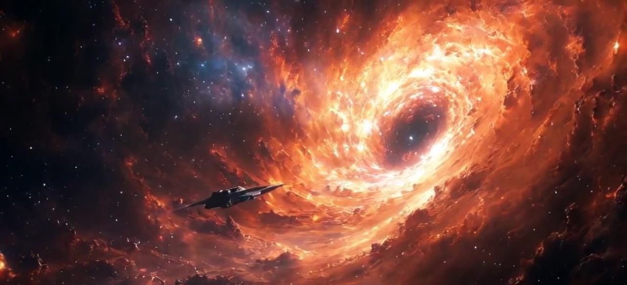 深邃的宇宙空间，点缀着无数的星点。画面中心是一个巨