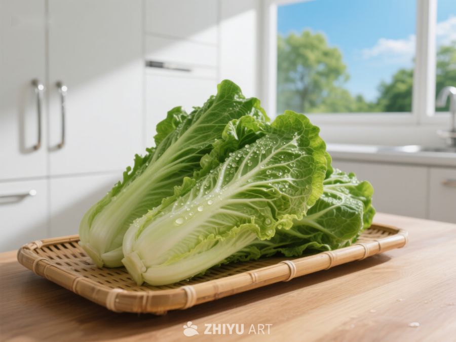新鲜白菜置于竹篮厨房台面 395
