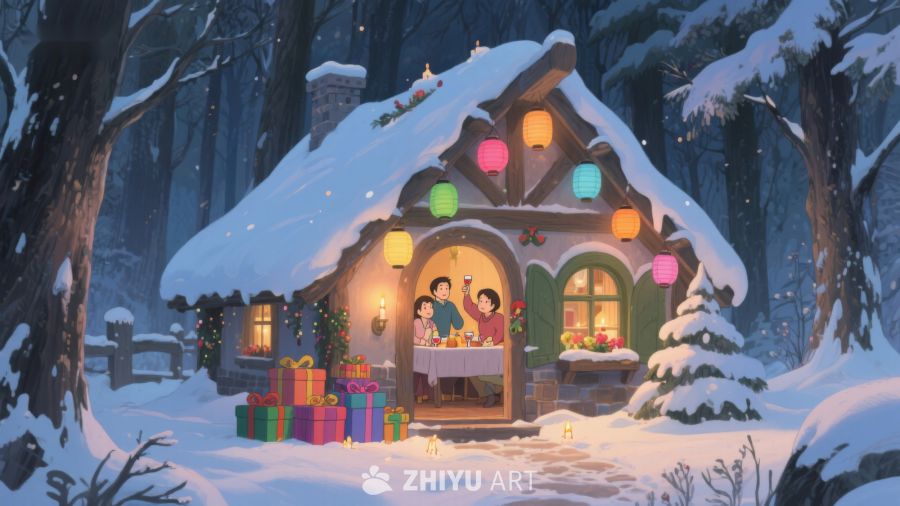 雪夜温馨小屋，家人共度时光 438