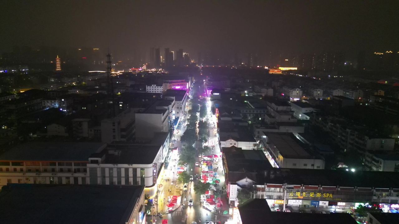  航拍山东菏泽东方红大街夜景