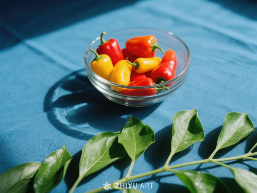 玻璃碗中的多彩辣椒与绿叶 19