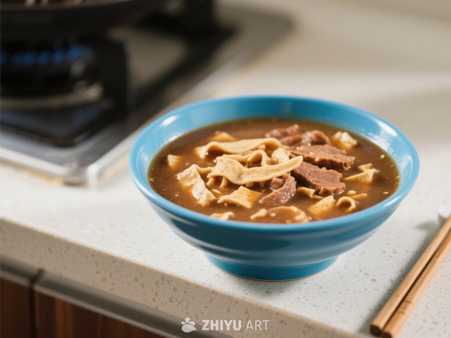 蓝色碗中的美味牛肉面 618