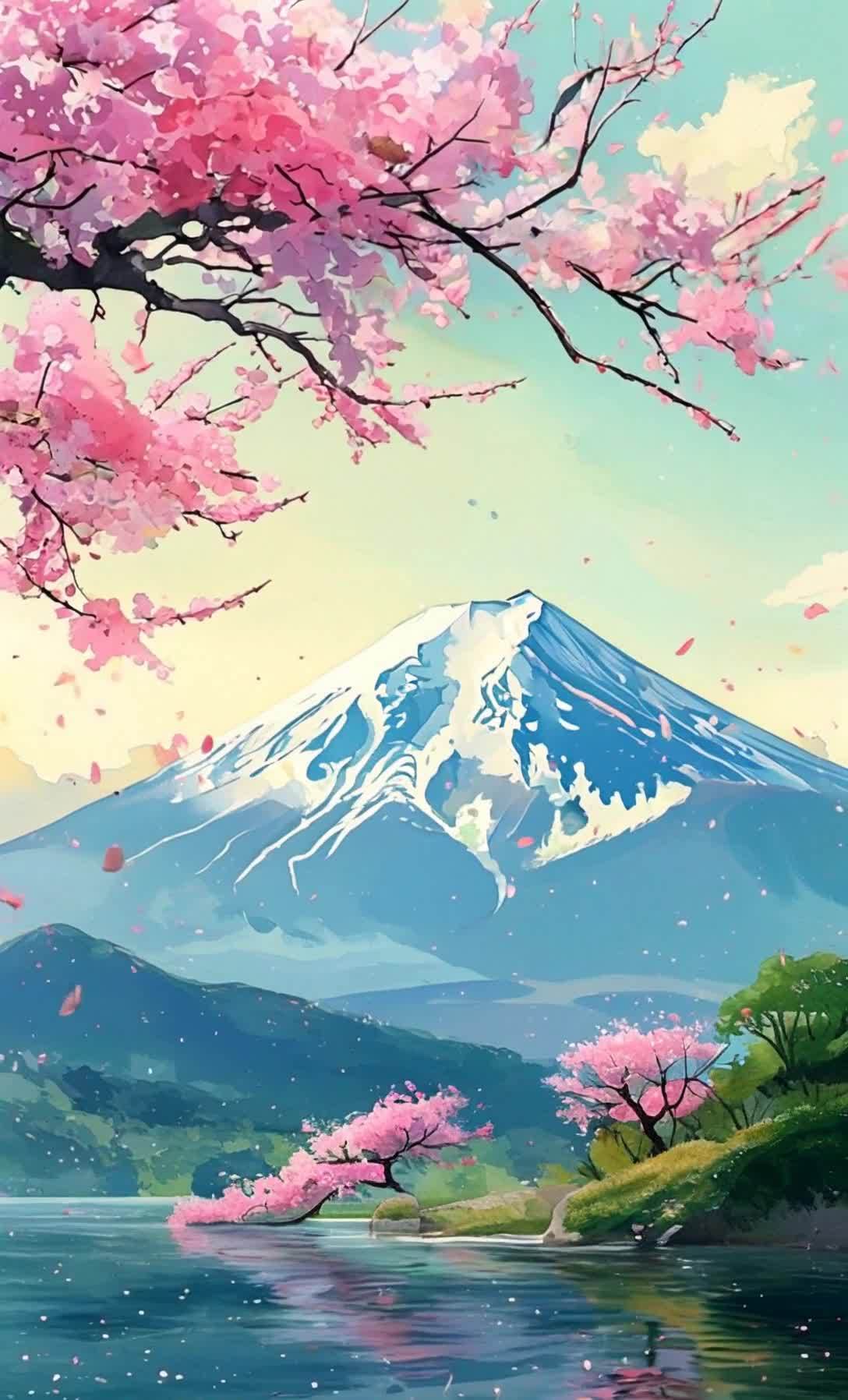 一座被雪覆盖的山峰耸立在蓝色山丘的背景中。前景中盛