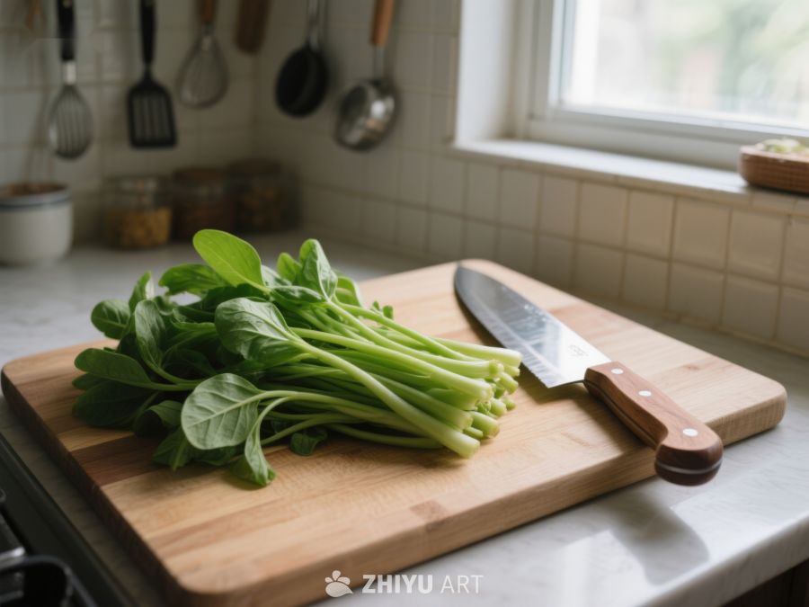 厨房案板上的青菜与刀具 43