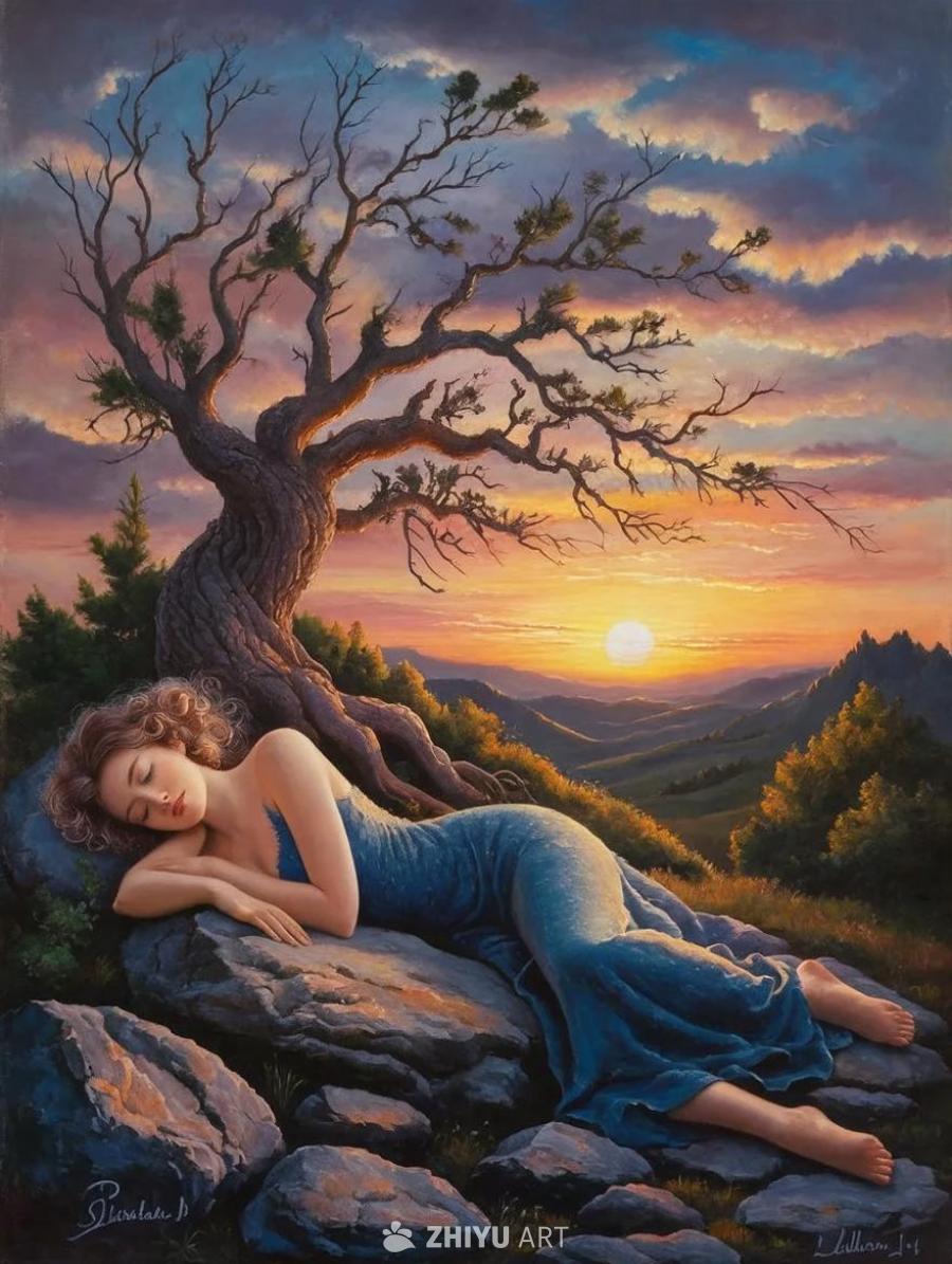 在类似萨尔瓦多·达利风格的超现实油画中，一位奇幻女