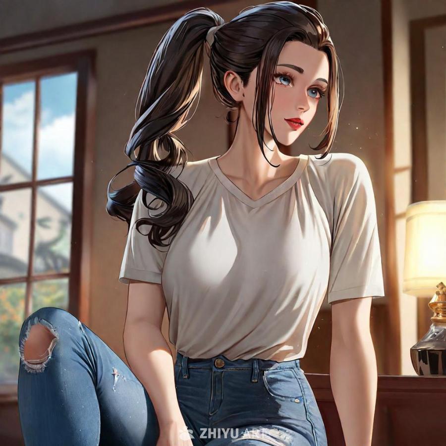 一位年轻女性，长长的黑发扎成马尾辫，她有着白皙的皮