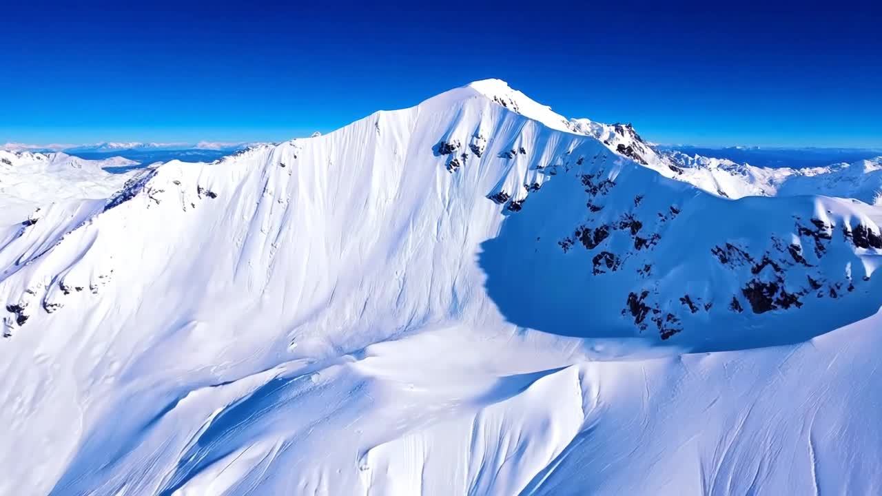 一座覆盖着积雪的高山，拥有陡峭的悬崖，沐浴在晴朗蓝