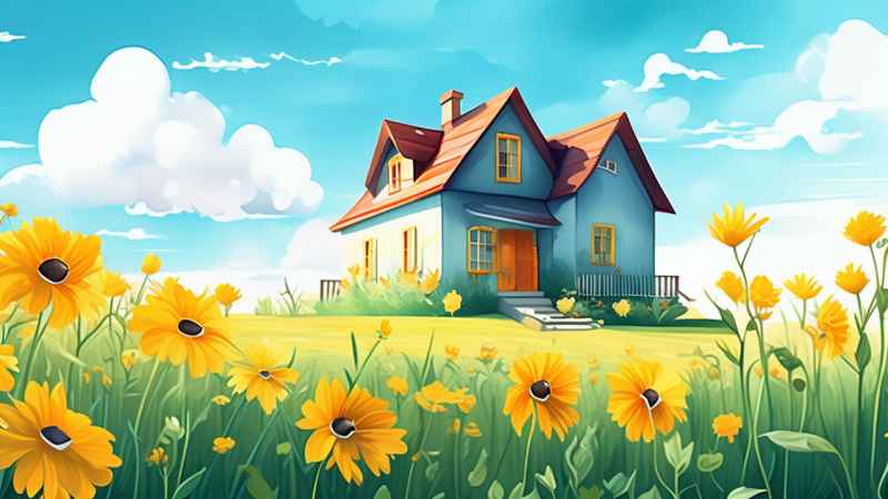 绿色田野里有黄色花朵的房子的水彩插图 52
