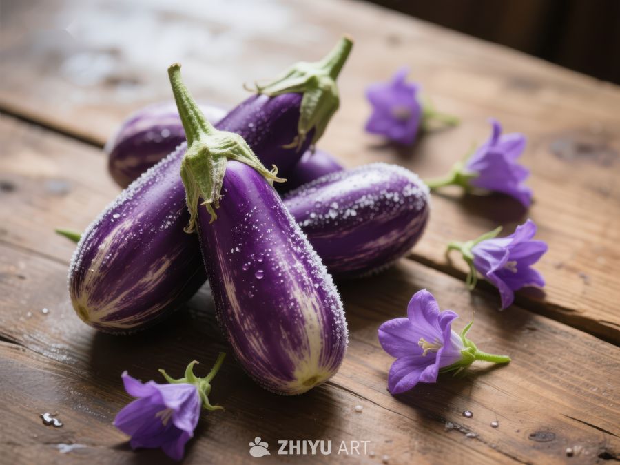 新鲜茄子与紫色花朵静物 270