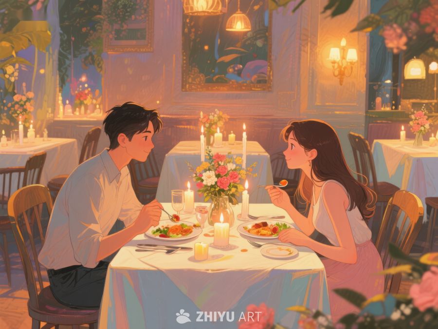 浪漫晚餐：情侣在温馨餐厅共进美食 440