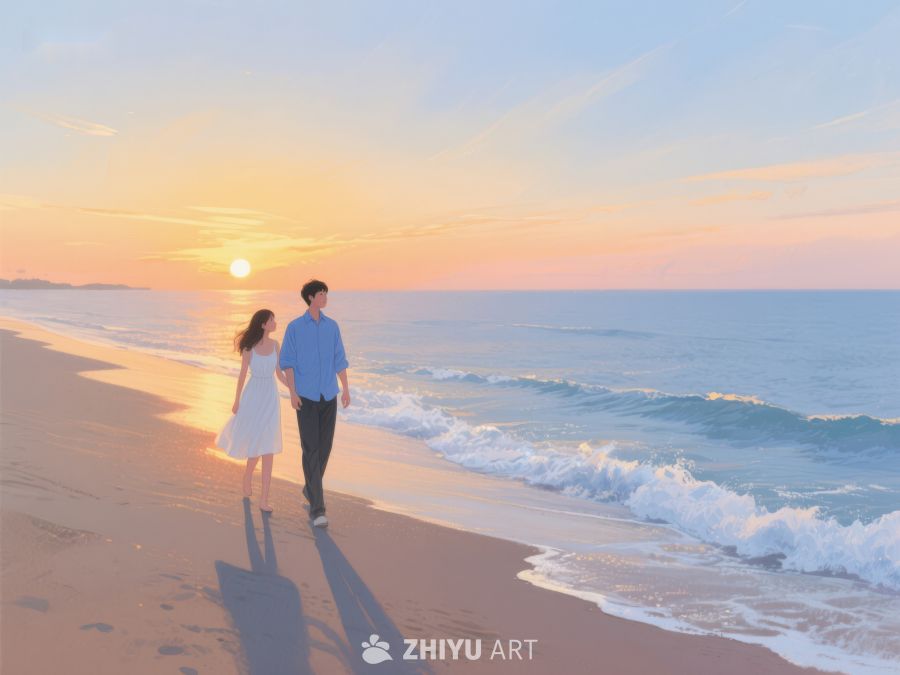 情侣海滩漫步，夕阳映照浪漫 542