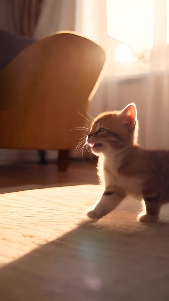 一只棕色小猫，正在精力充沛地摇着尾巴，并快乐地叫着