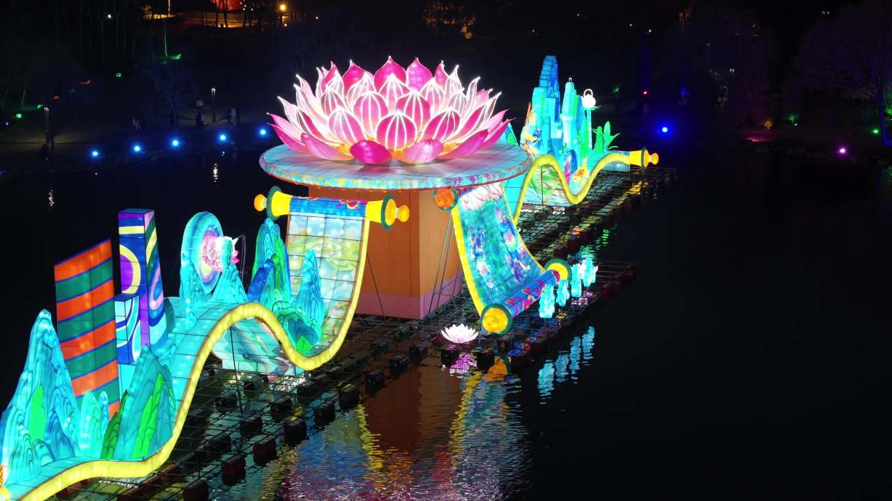 夜色中的梦幻莲花灯