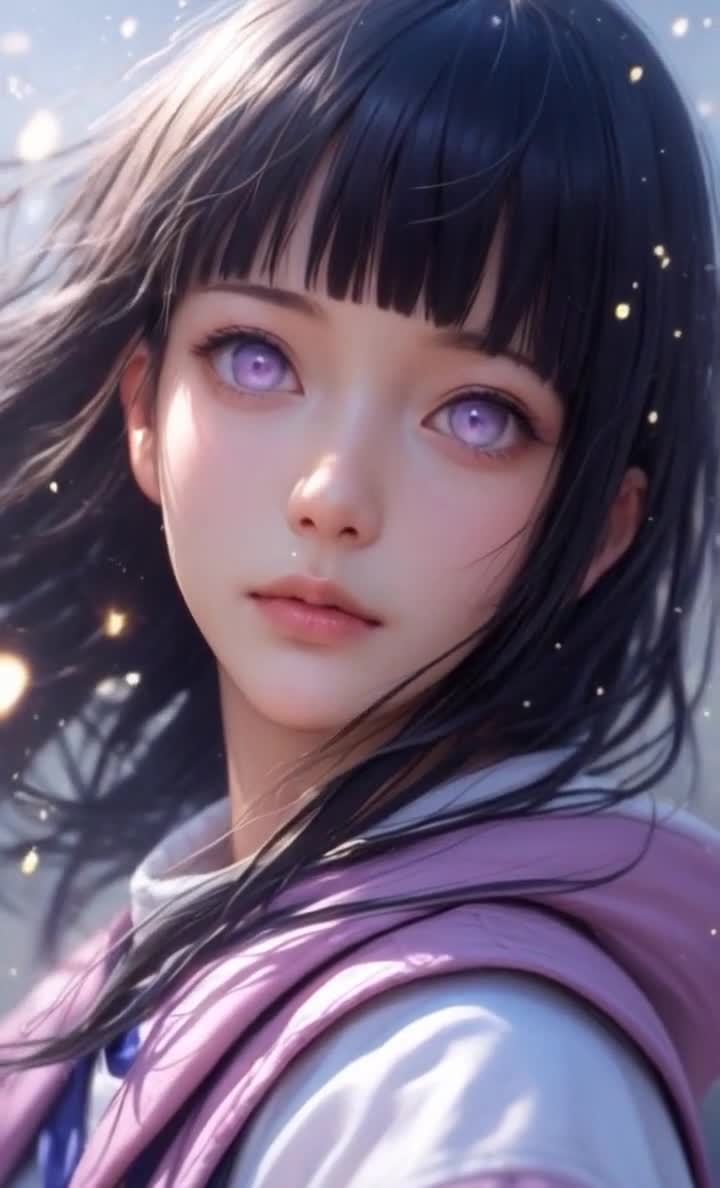 紫眼黑发粉外套少女与金色光点