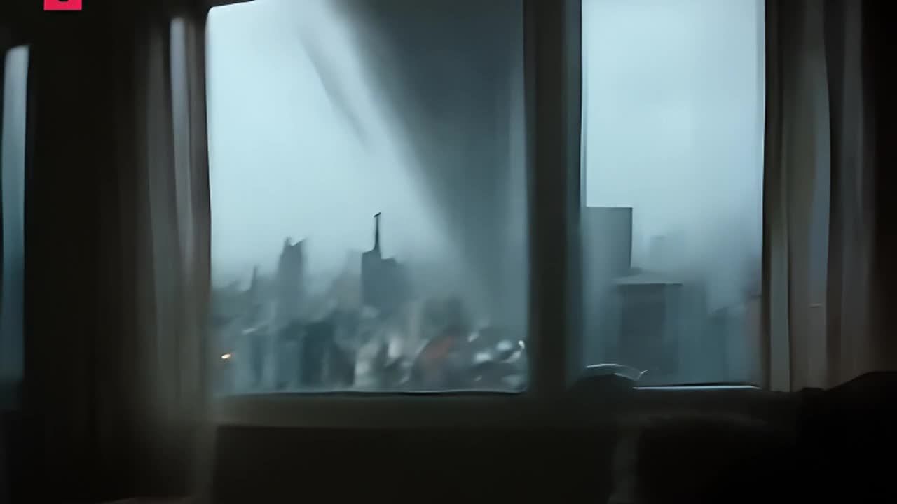 从公寓窗口拍摄的城市景观，窗外可以看到远处的建筑物