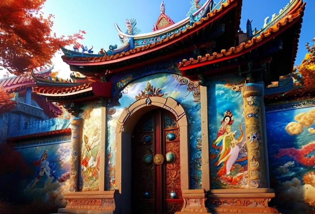 一座中国风格的建筑矗立着。建筑的屋顶呈多层结构，覆