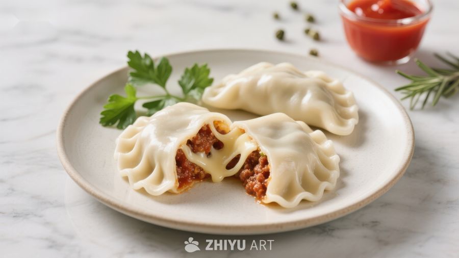 奶酪肉馅饺子，搭配番茄酱