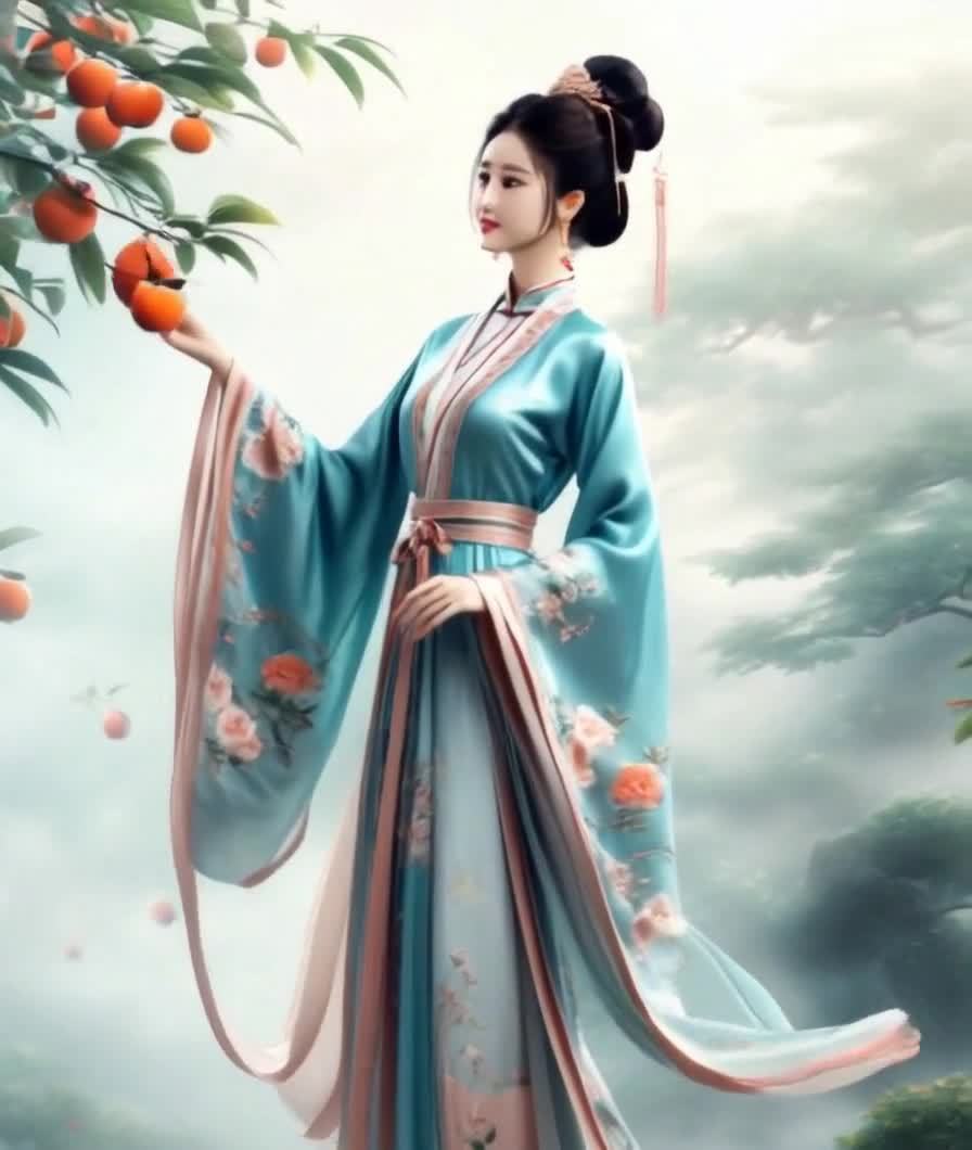 古装仕女采摘柿子，秋日丰收喜悦图景