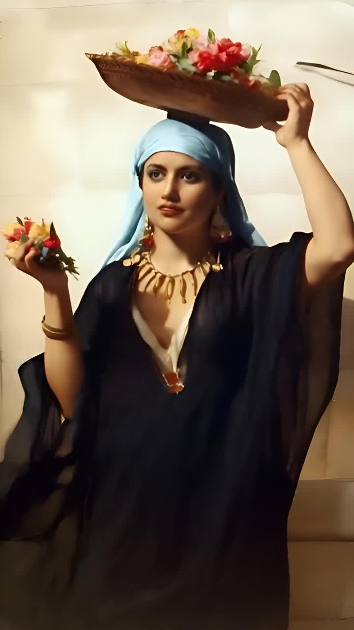 一位戴着传统头巾的女士头顶着一盘五颜六色的鲜花，同