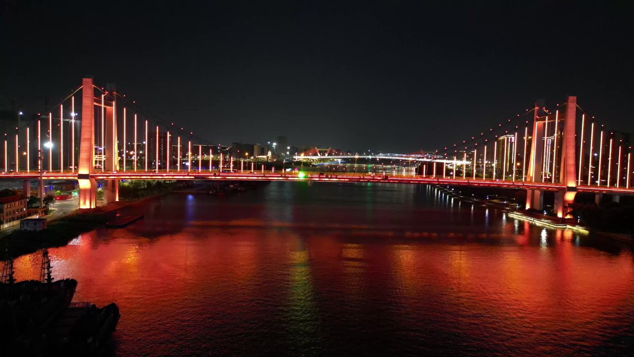  航拍浙江宁波庆丰桥夜景